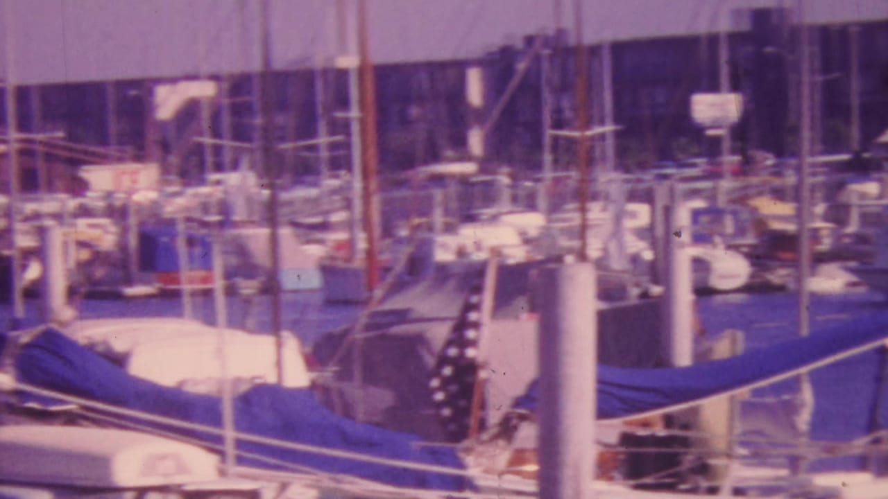 Boats and masts fill the marina, with a blue canvas-covered boat in the foreground.