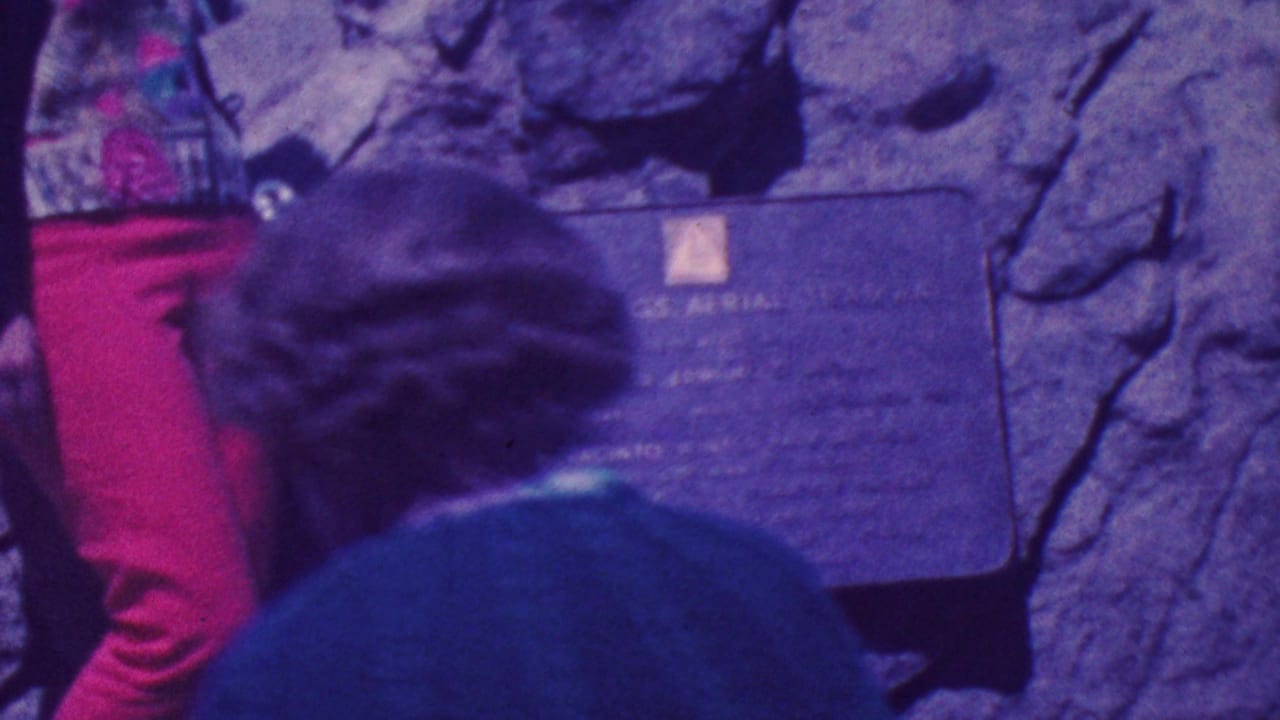 In a 1964 Palm Springs home-movie frame, visitors stand close to a metal plaque set into a rough stone wall, with one person in red at the edge and another dark-coated figure in the foreground.