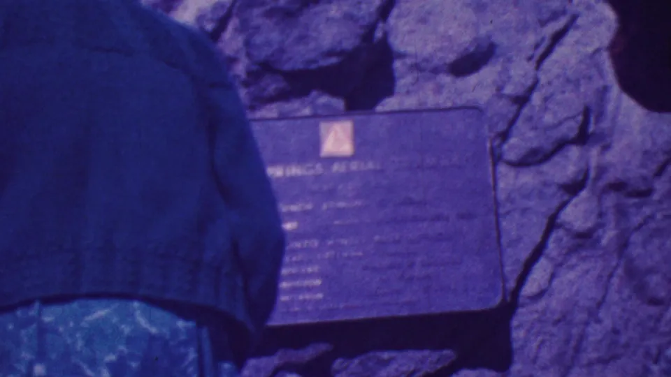 A visitor in a dark coat faces a metal plaque mounted on rugged stone in the Palm Springs outdoor setting, with another plaque partly visible nearby.