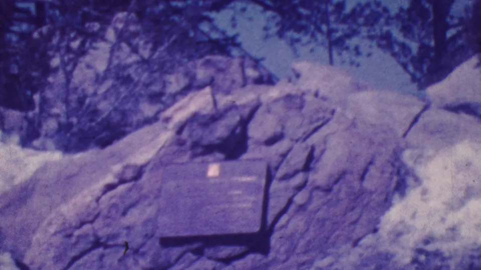 A second view of the rocky memorial area shows a plaque mounted among boulders, trees overhead, and part of a visitor near the display.