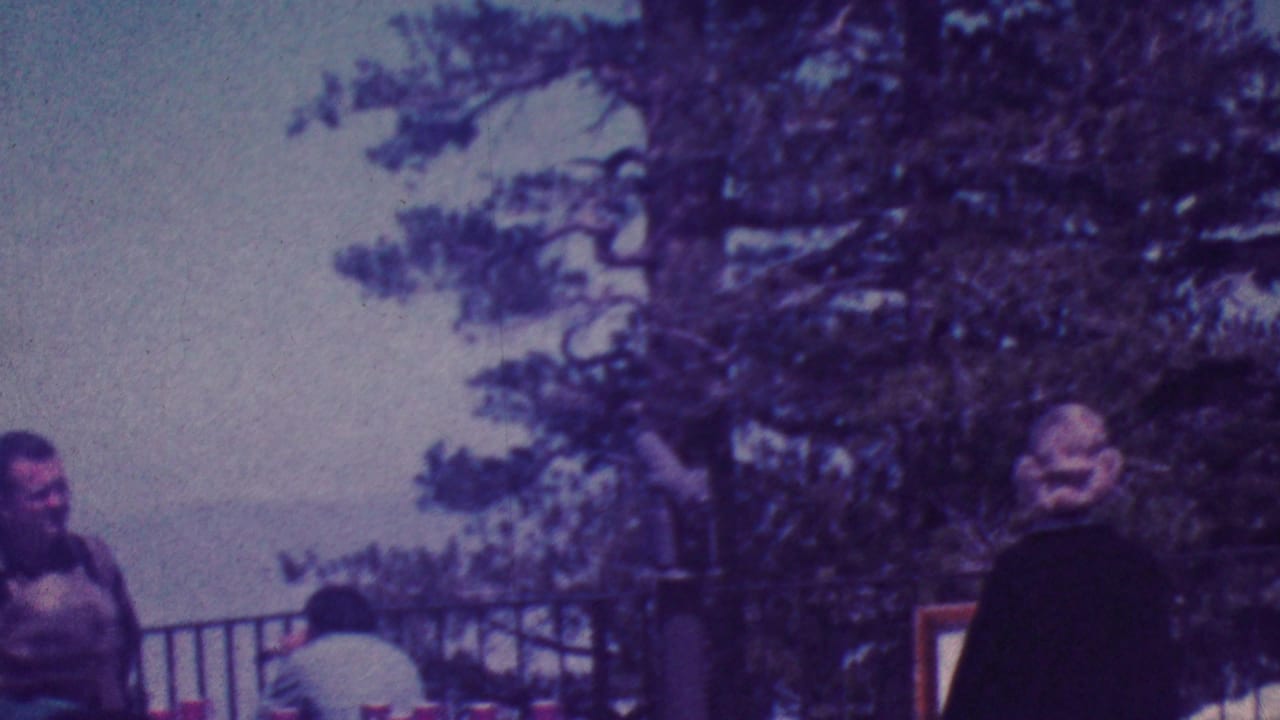 Several adults stand and sit near a fence and posted sign beneath large trees.