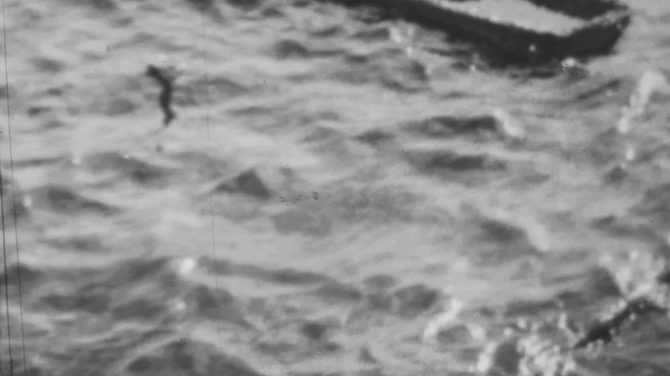 Close, soft 8mm view of wind-ruffled Pearl Harbor water with part of the concrete tank edge above and dark debris-like shapes on the surface.