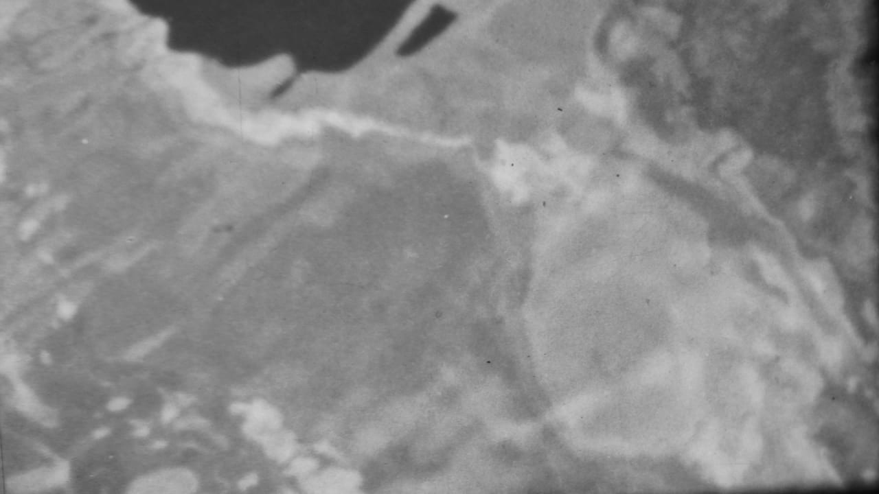 Black-and-white 8mm frame from the Honolulu-attributed clip showing rippled shallow water, pale coastal texture, and a dark upper shoreline edge.