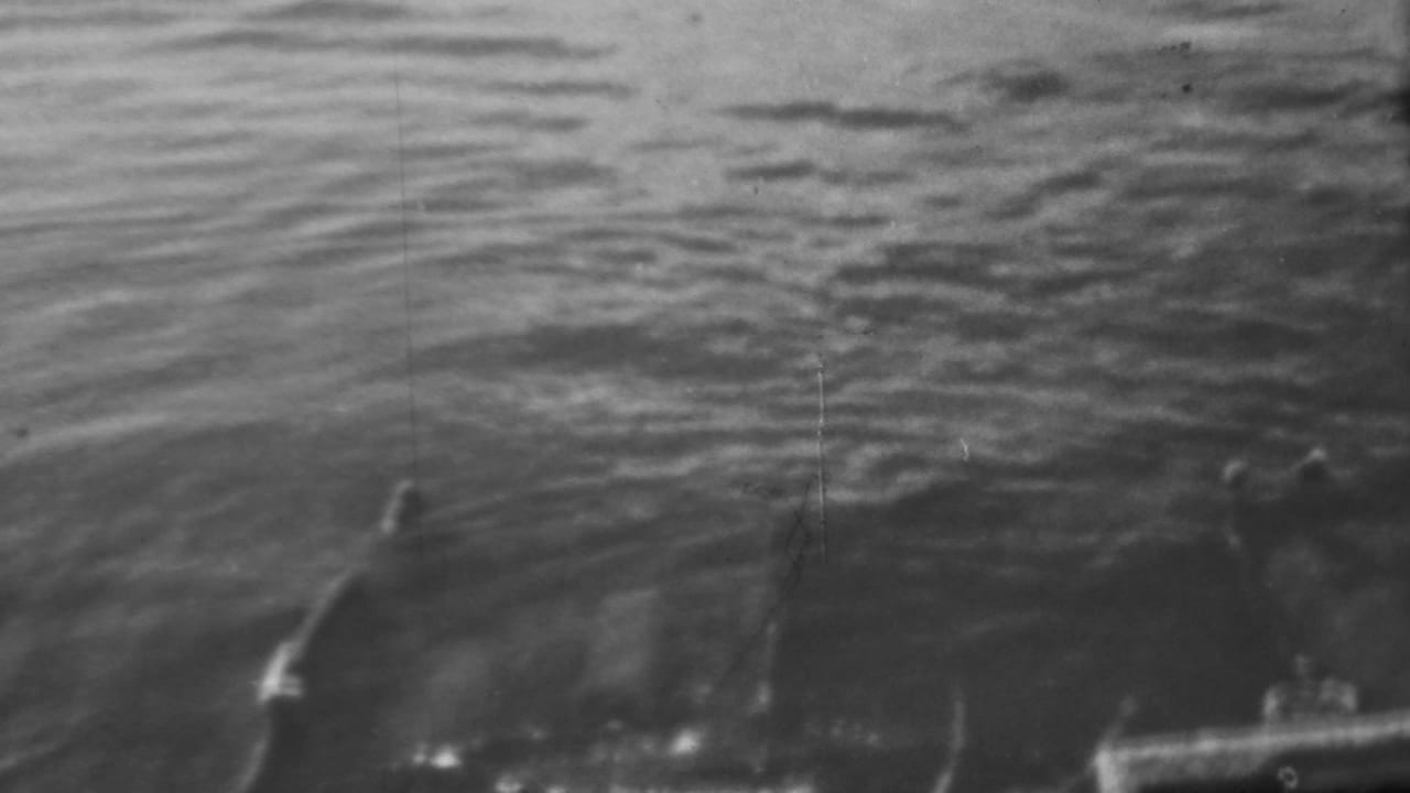 Dark water surface with partial bright lines and blurred submerged shapes.