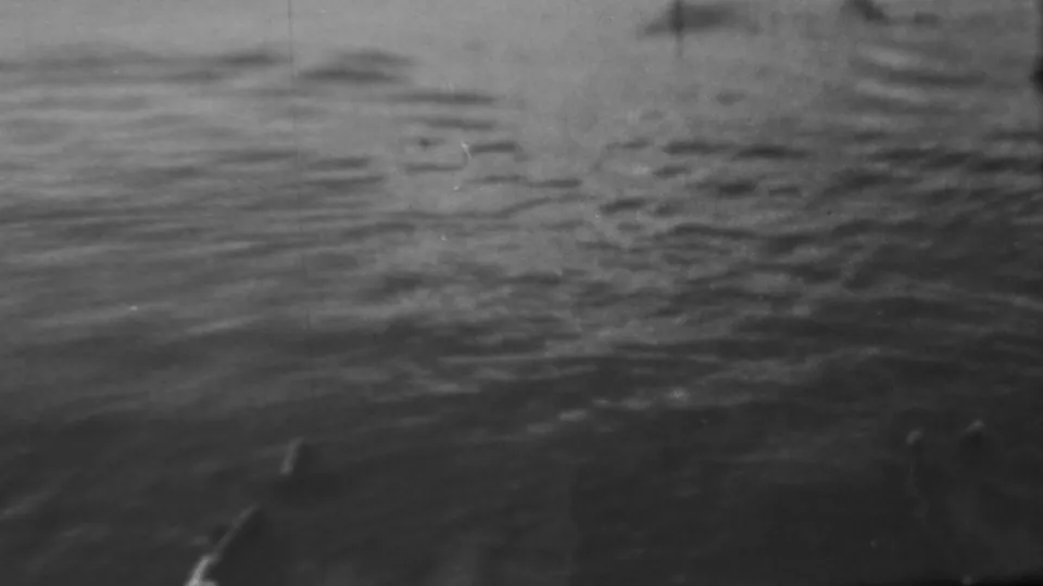 Black-and-white Pearl Harbor frame with dark surface ripples and vague submerged outlines, including a pale edge near the lower right.