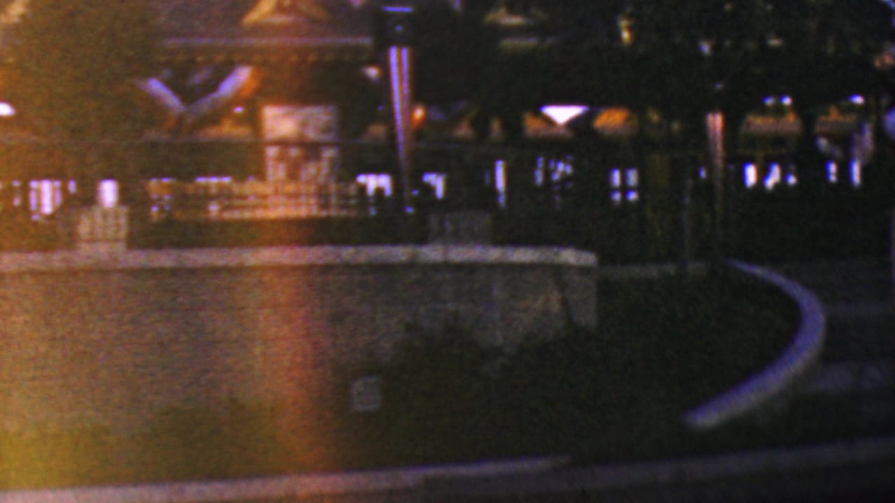 Night view of a curved walkway, railings, trees, and illuminated park architecture.