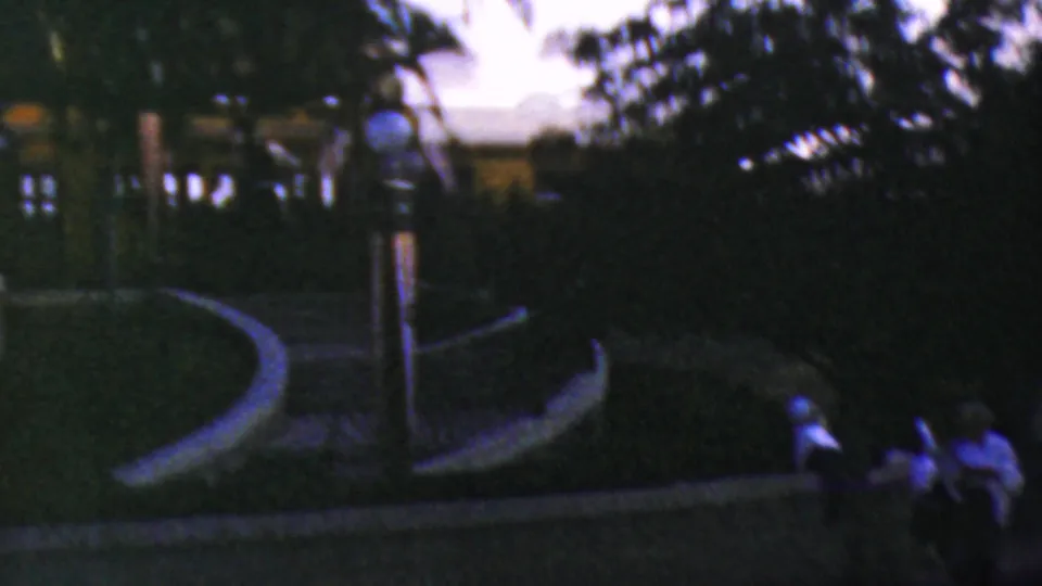 1964 Anaheim Disneyland night frame with a curved walkway, trees, railings, globe lamps, and distant visitors in light clothing near the path.