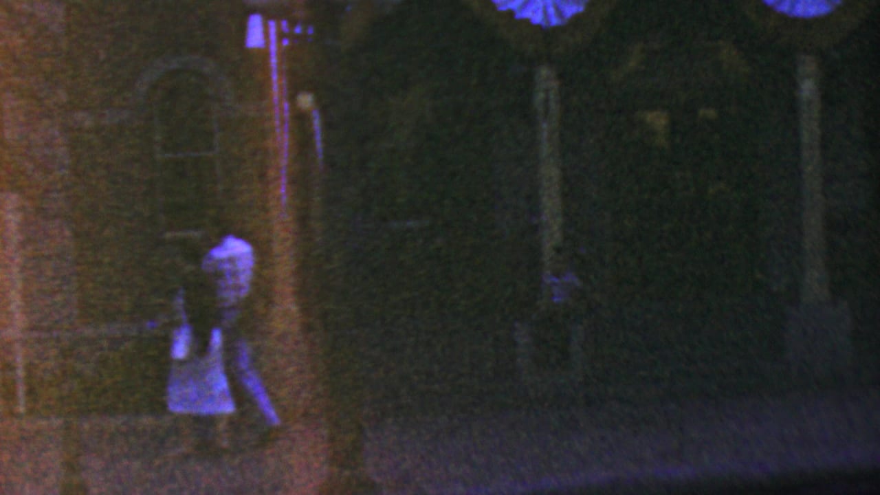 1964 Disneyland home-movie frame showing visitors in silhouette moving past a dark facade with columns, arched windows, and blue decorative trim.