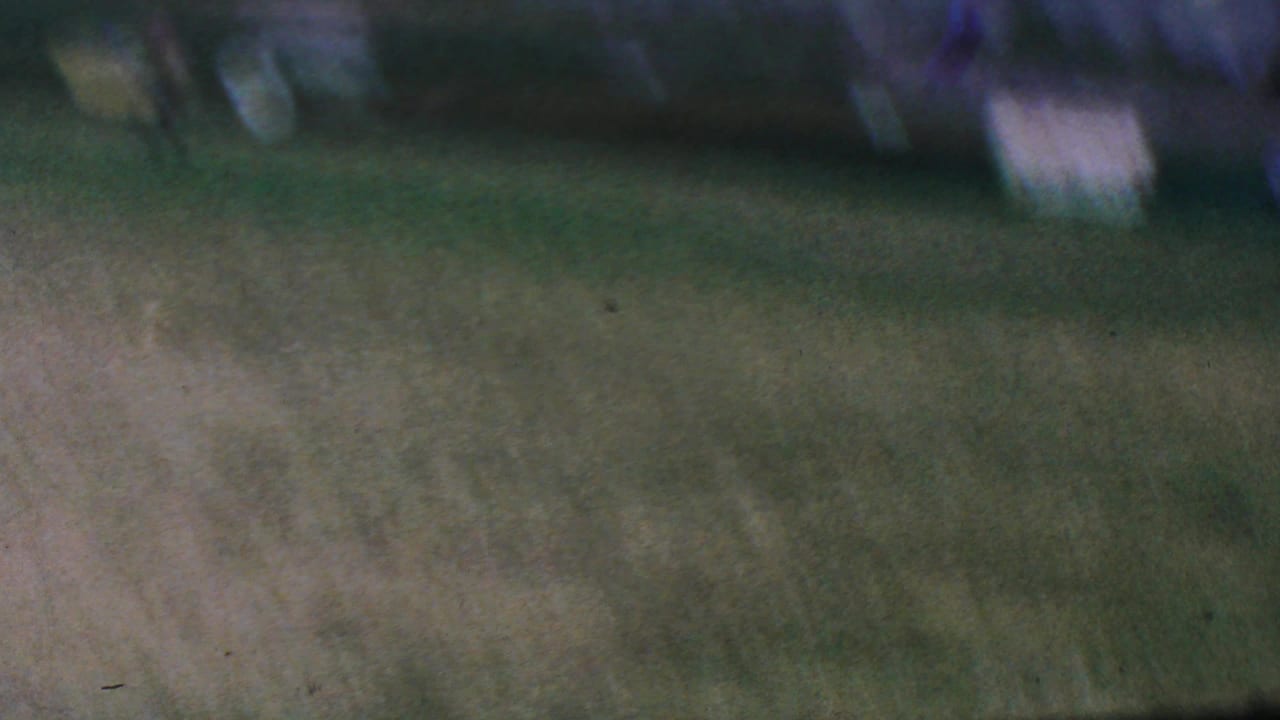 Grassy field with heavy blur and indistinct structures along the top edge.