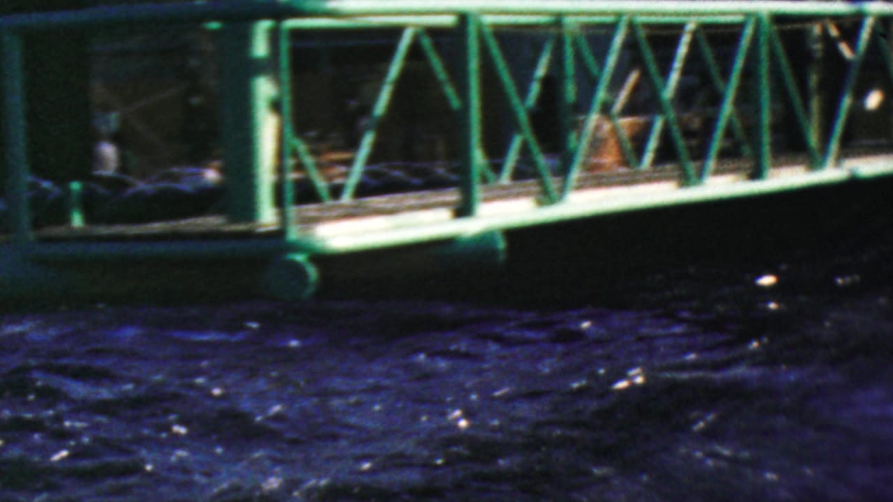 Green bridge railing spans over dark water with ride structures and shadowed background detail.