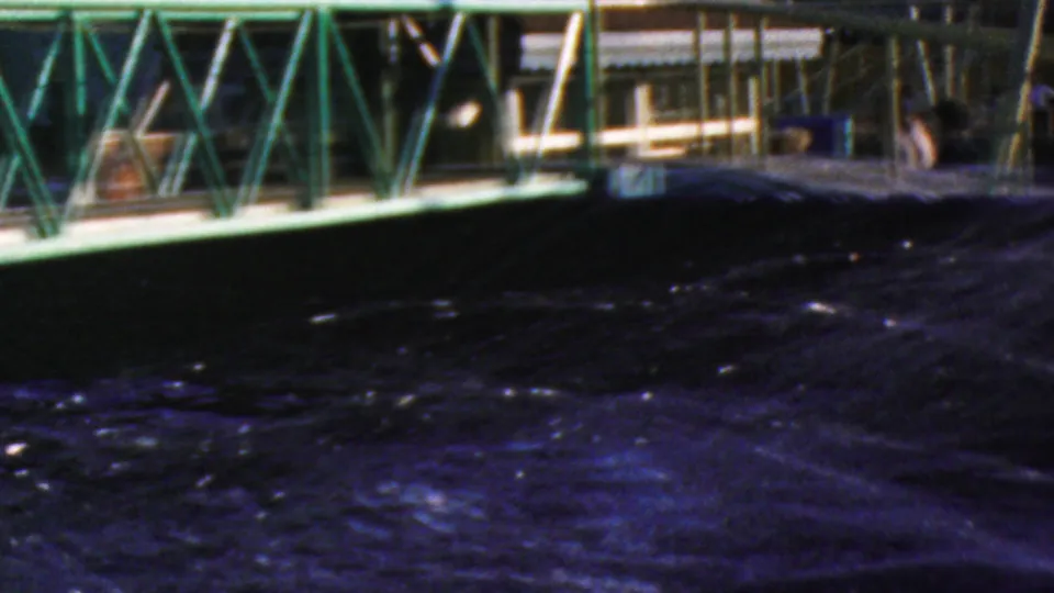 1964 Anaheim Disneyland water-attraction view with rippling blue-black water beneath green railings and partially obscured ride structures.