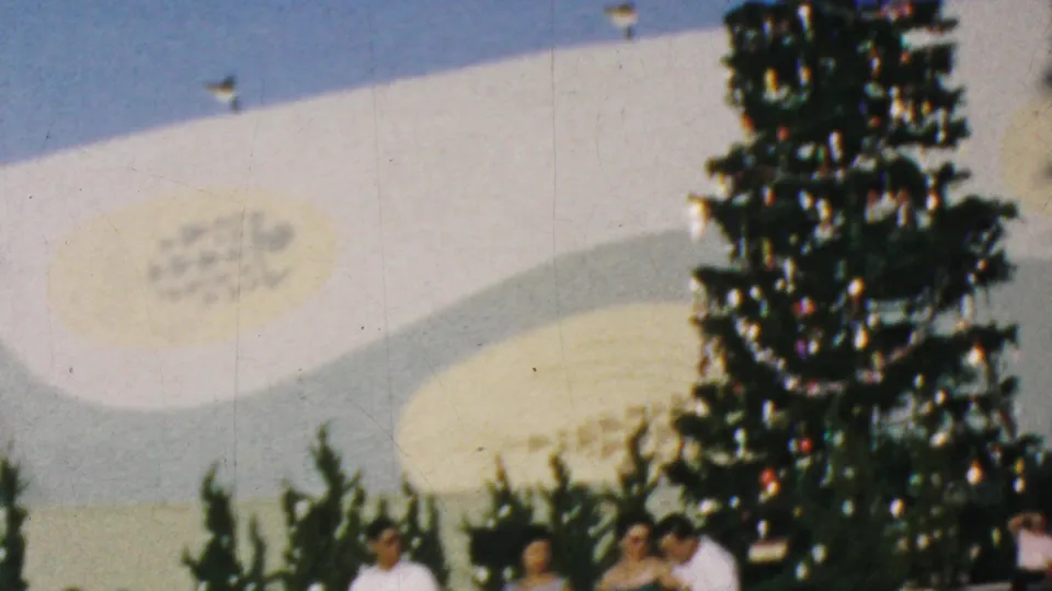 1964 Disneyland holiday-season view with a decorated evergreen tree, curved white wall, partial circular emblem, and visitors near the bottom of the frame.