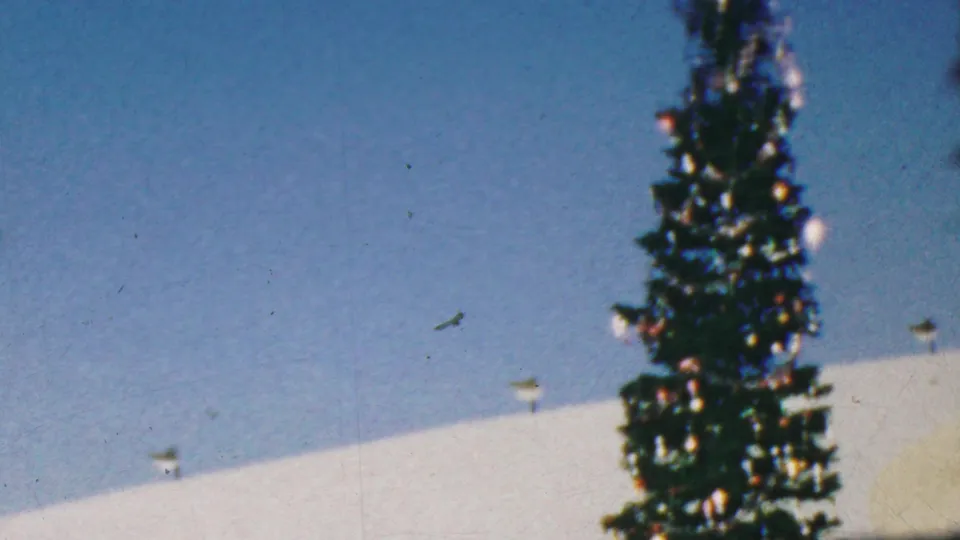 1964 Anaheim Disneyland frame with the upper portion of a decorated Christmas tree, pale snow-like structure, and small roofline details in bright daylight.