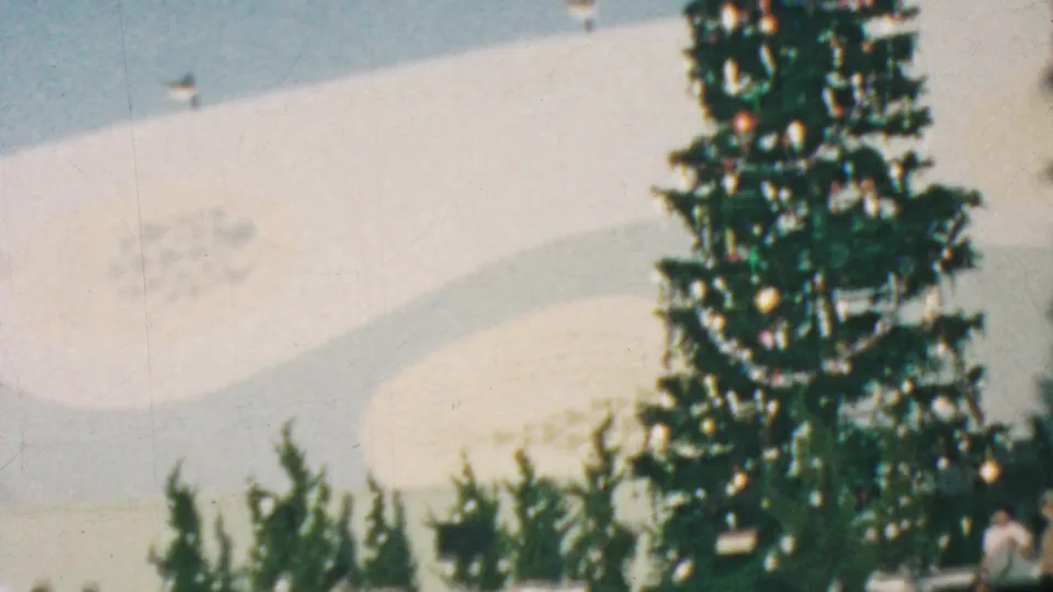 1964 Anaheim Disneyland home-movie frame showing a fuller view of the decorated Christmas tree, white snow-like backdrop, and lower evergreen plantings.