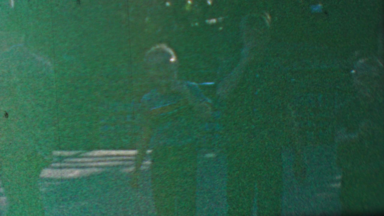 A small group of people stands or walks near foliage in a dark green-tinted frame.