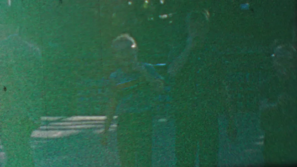Grainy Disneyland home-movie frame with several shadowed figures near dense landscaping and a bright horizontal patch of path or bench.