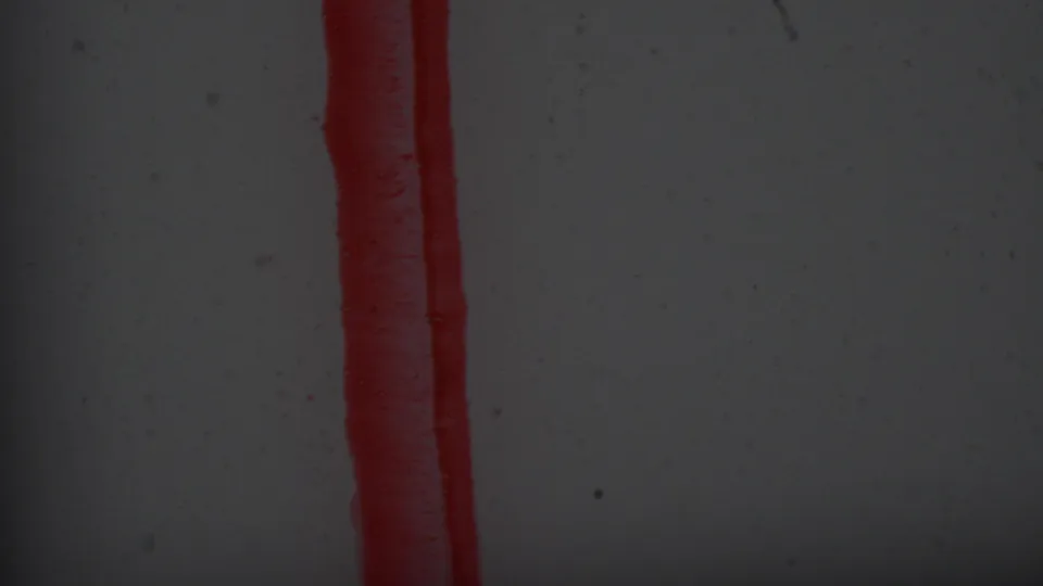 Single red stamped vertical line on a worn pale surface with grain and fading, from supplied 1965 Los Angeles 8mm footage.