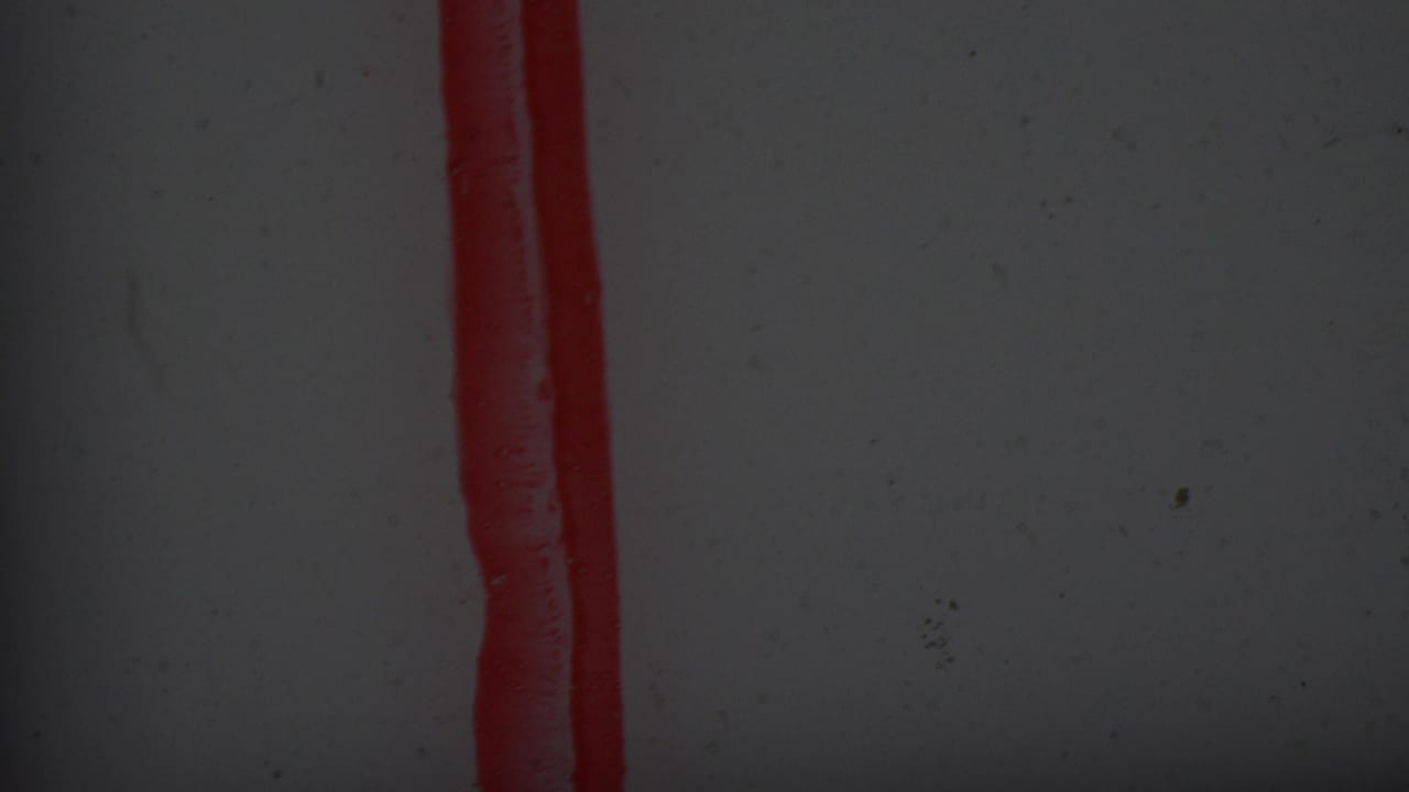 A dark 8mm frame shows a vertical red strip or edge mark with visible dust and mottled film texture.