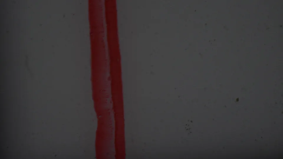 A dark 8mm frame shows a vertical red strip or edge mark with visible dust and mottled film texture.