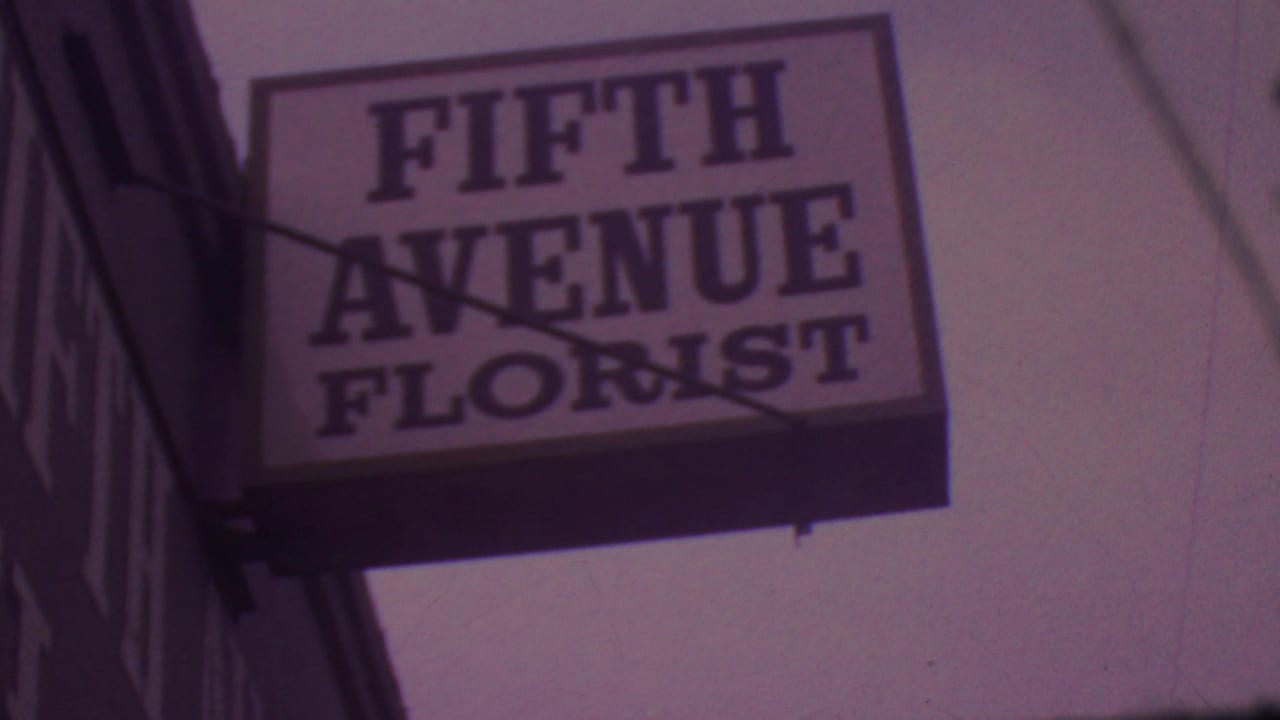 1965 Los Angeles 8mm frame showing a low-angle view of a rectangular Fifth Avenue Florist sign with bold lettering and shadowed support rods.