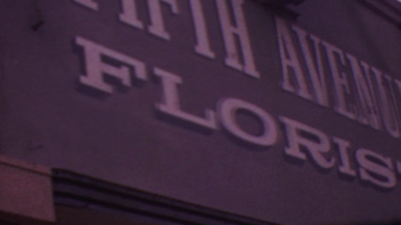 1965 Los Angeles 8mm close-up of a dark storefront sign with raised white lettering for FIFTH AVENUE FLORIST.