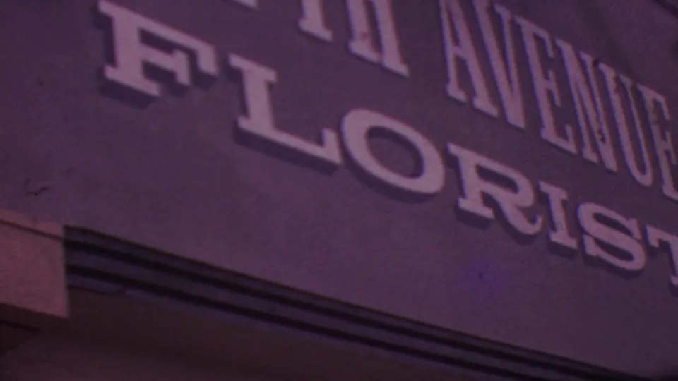 Tight 8mm frame of the Fifth Avenue Florist storefront sign in Los Angeles, showing raised lettering and the dark textured sign panel.