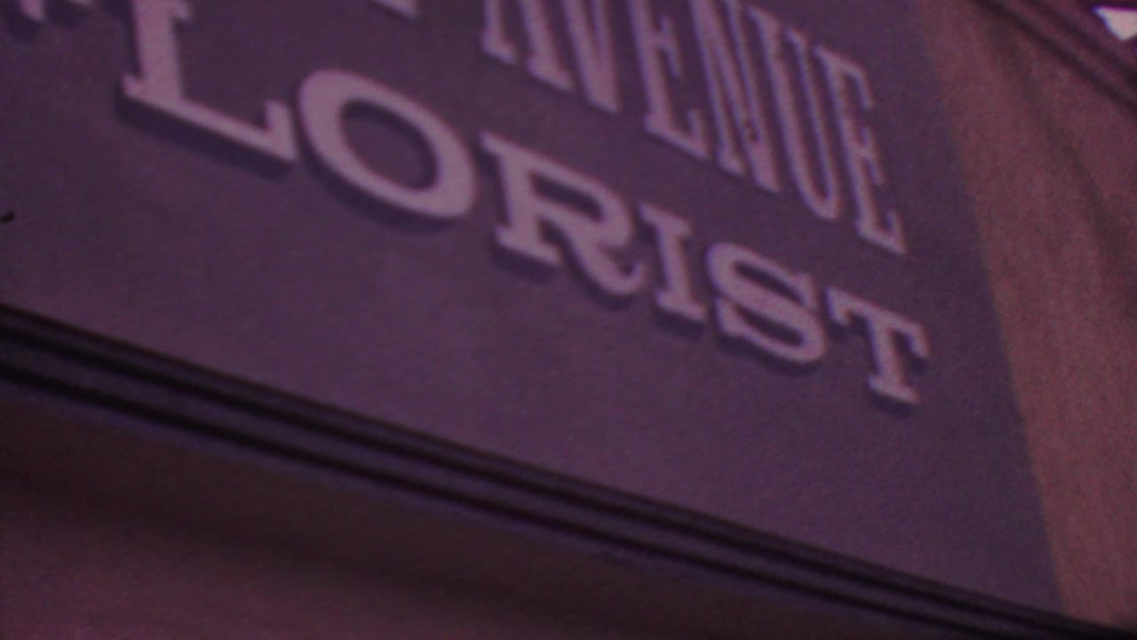 Final close 1965 Los Angeles frame on the dark Fifth Avenue Florist sign, with the FLORIST lettering partly cropped by the edge of the shot.