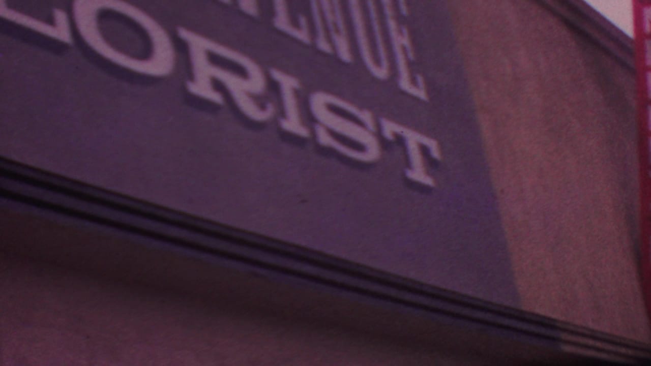 Los Angeles 1965 8mm frame showing the edge of a purple-tinted sign reading part of Avenue Florist beside a glass shop entrance.