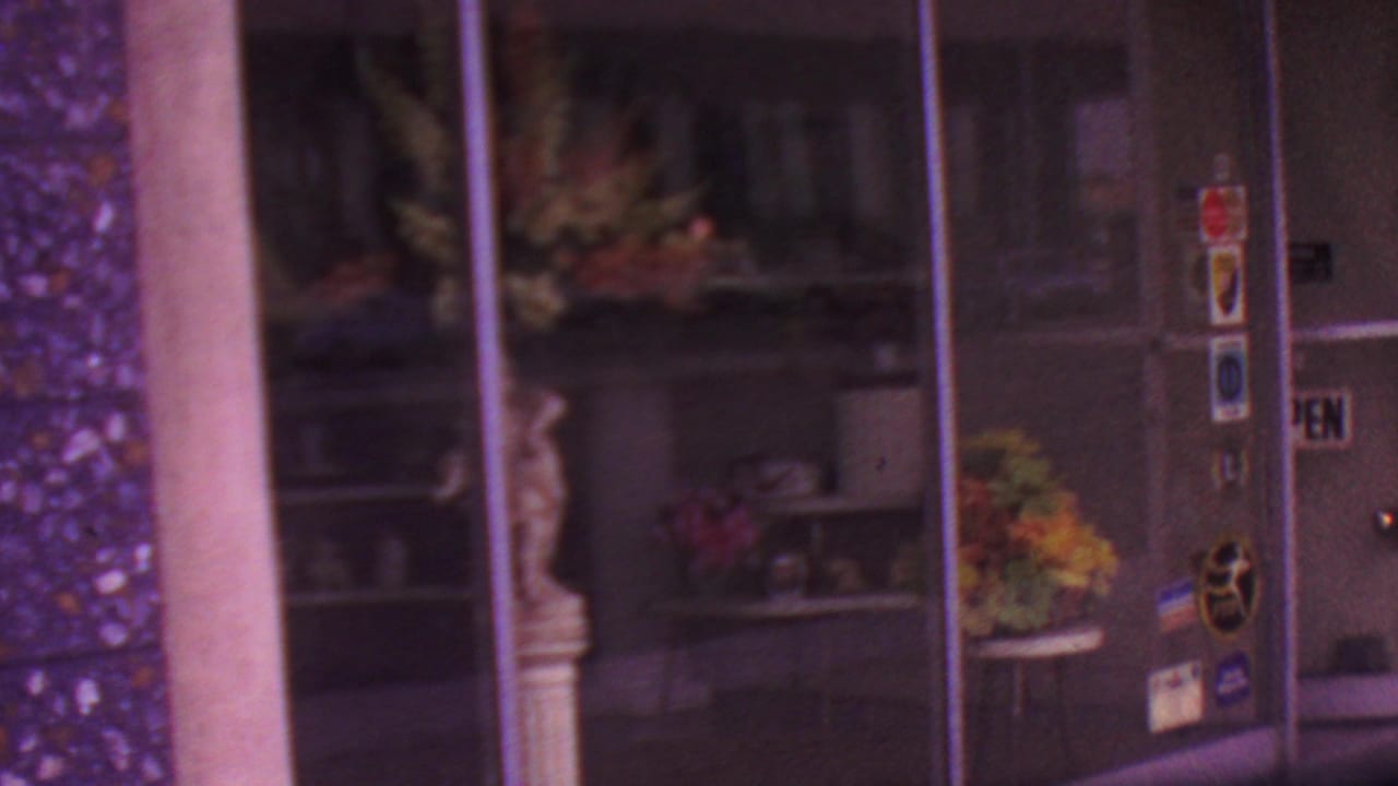 Los Angeles 1965 8mm frame showing the florist window, stickered glass door, interior shelves, flowers, a column, and sidewalk in soft purple color shift.