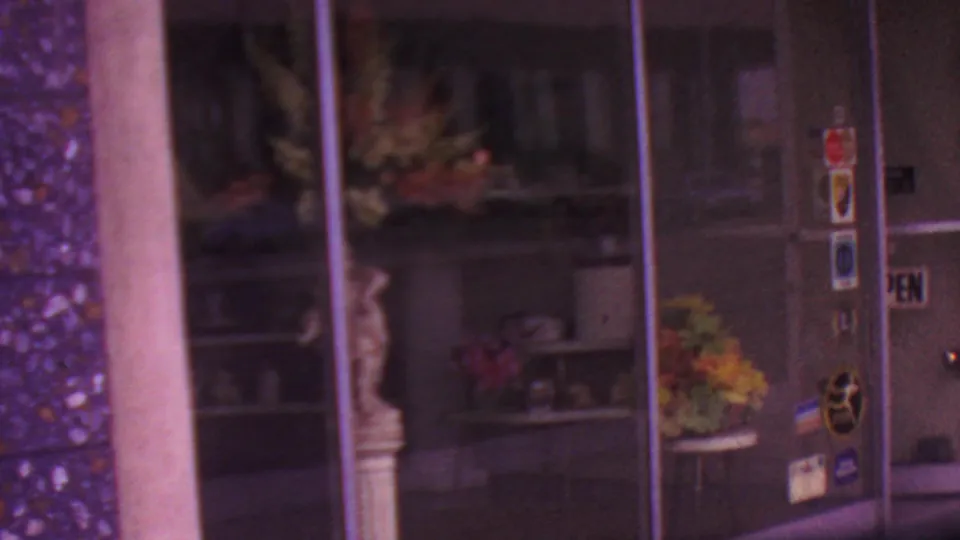 Los Angeles 1965 8mm frame showing the florist window, stickered glass door, interior shelves, flowers, a column, and sidewalk in soft purple color shift.