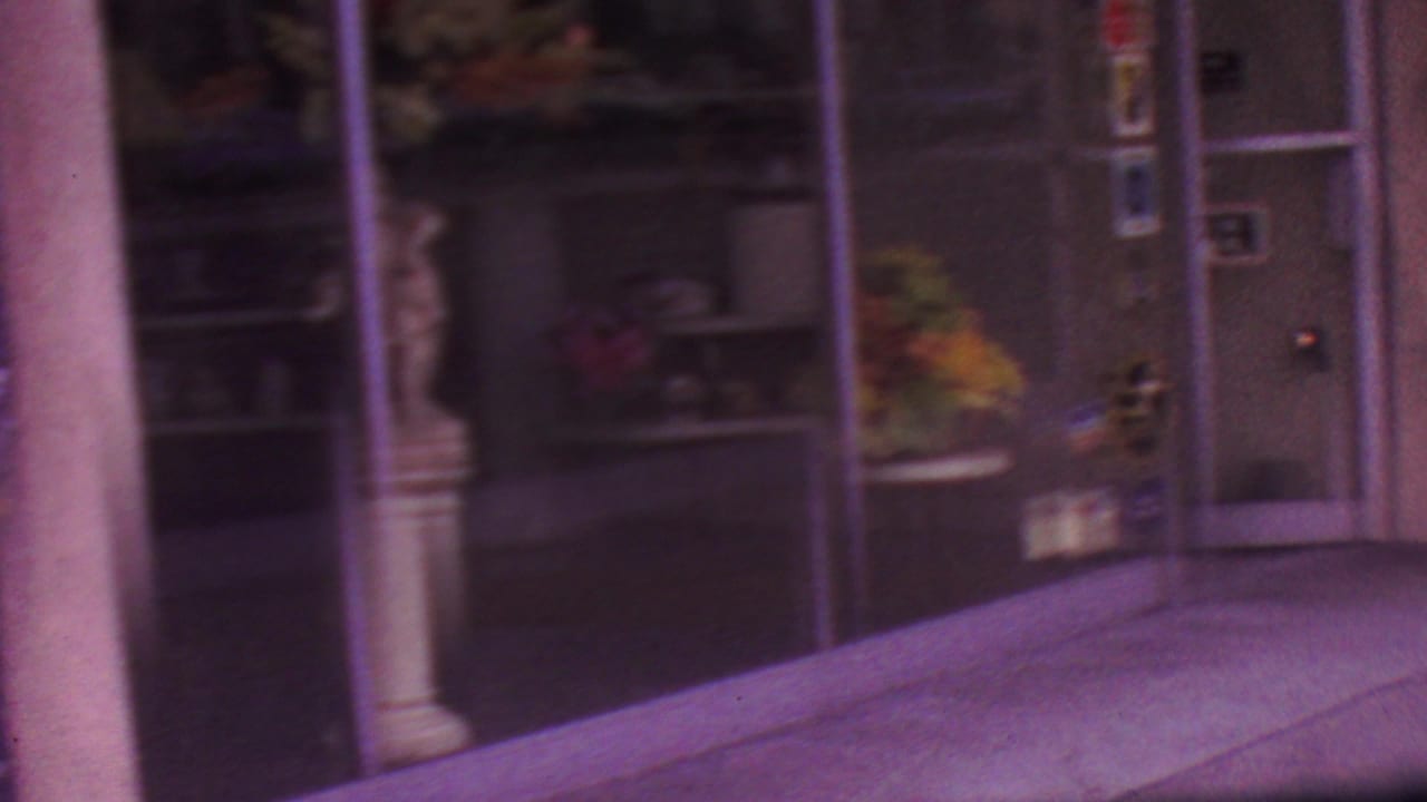 Los Angeles 1965 8mm frame showing the wider florist glass frontage with floral displays inside, a stickered entrance door, columns, and sidewalk paving.