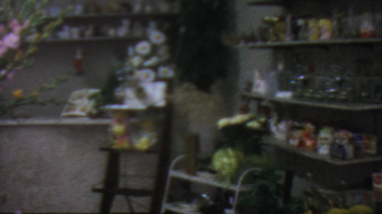 1965 Los Angeles 8mm frame showing a dim flower shop interior with display shelving, potted greenery, and small decorative merchandise.