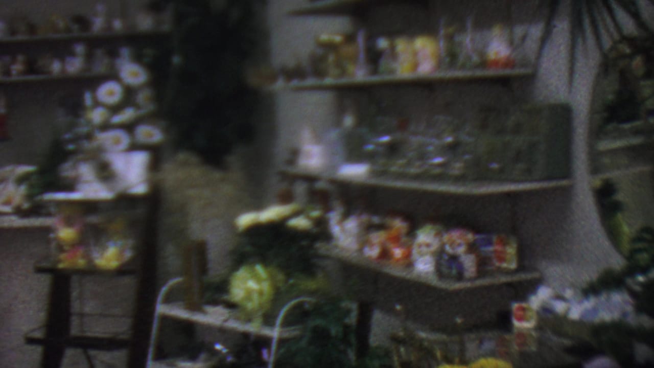 Shelves of glassware, small goods, and plants inside a flower shop.