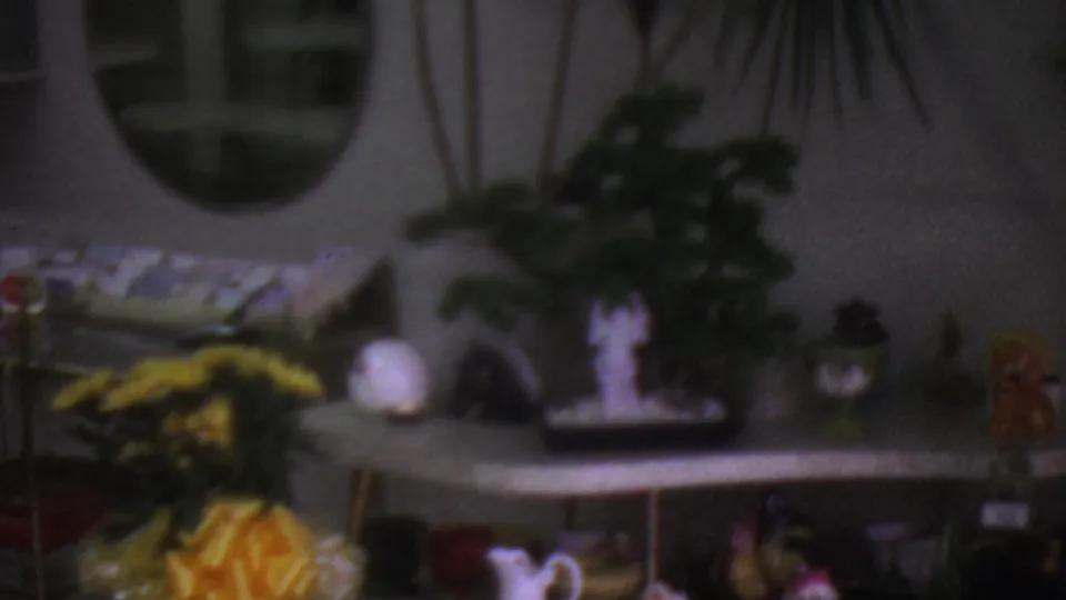 1965 Los Angeles home interior frame with curved white display tables, potted greenery, yellow flower arrangements, small pitchers or ceramics, and a round mirror on the wall.