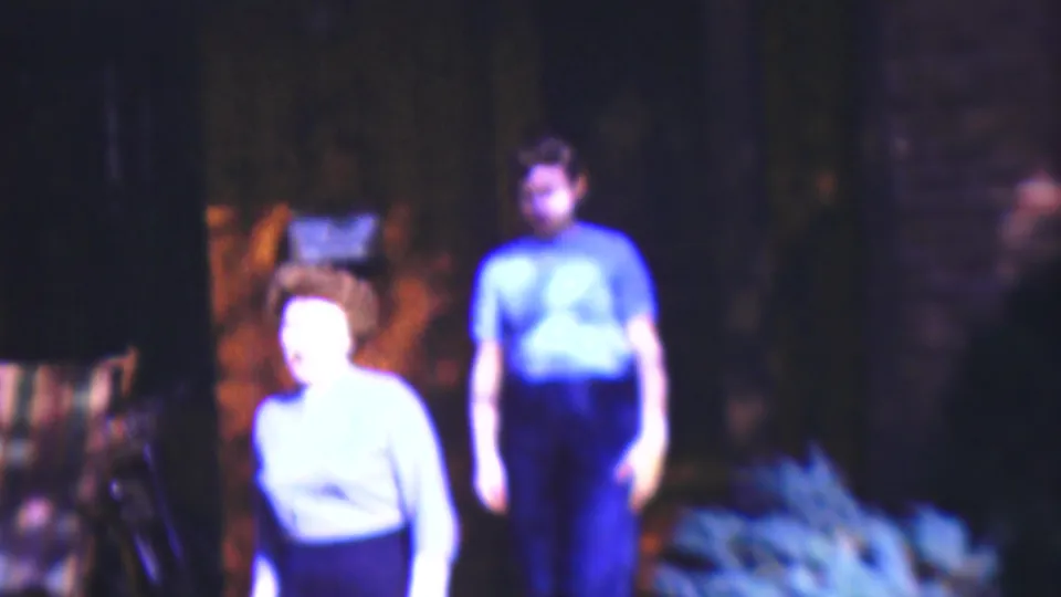 A woman in a light blue top and dark skirt and a man in a blue shirt appear in strong artificial light near plants and a dark exterior wall.