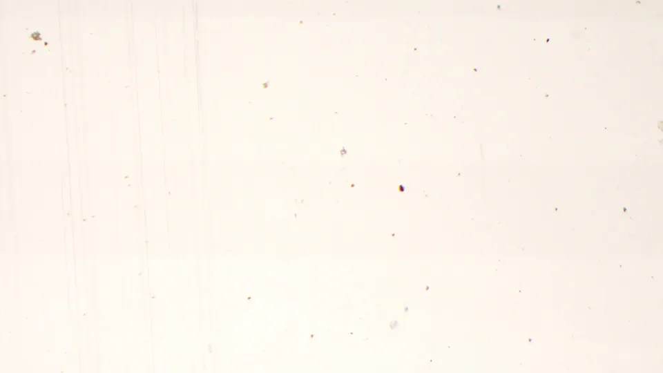 Mostly blank 8mm frame showing pale overexposure, visible dust, small specks, and vertical scratch marks within the scanned home-movie footage.