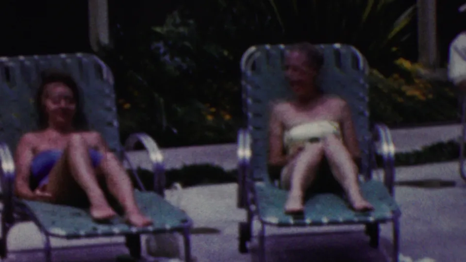 Two adult women recline on green poolside loungers in the final frame, with yellow flowers and dark greenery behind the sunny 1961 California scene.