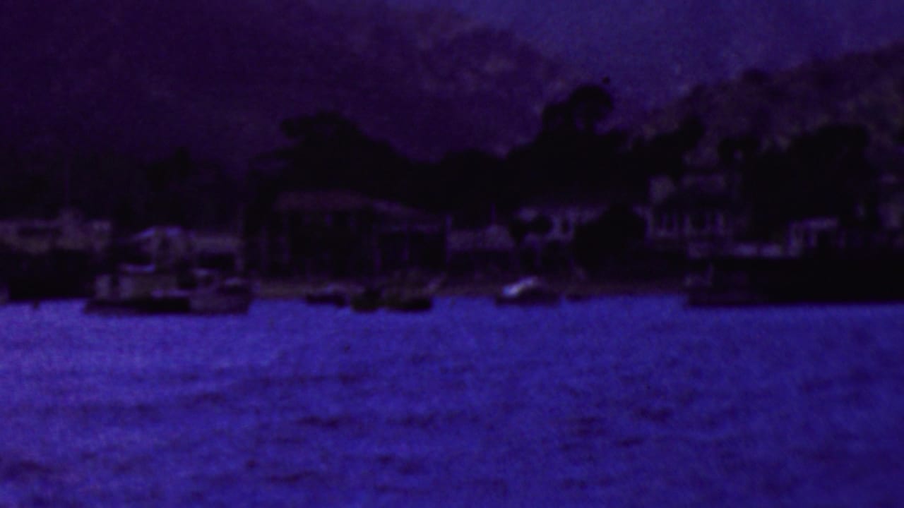 Distant shoreline with houses and boats across dark blue water.