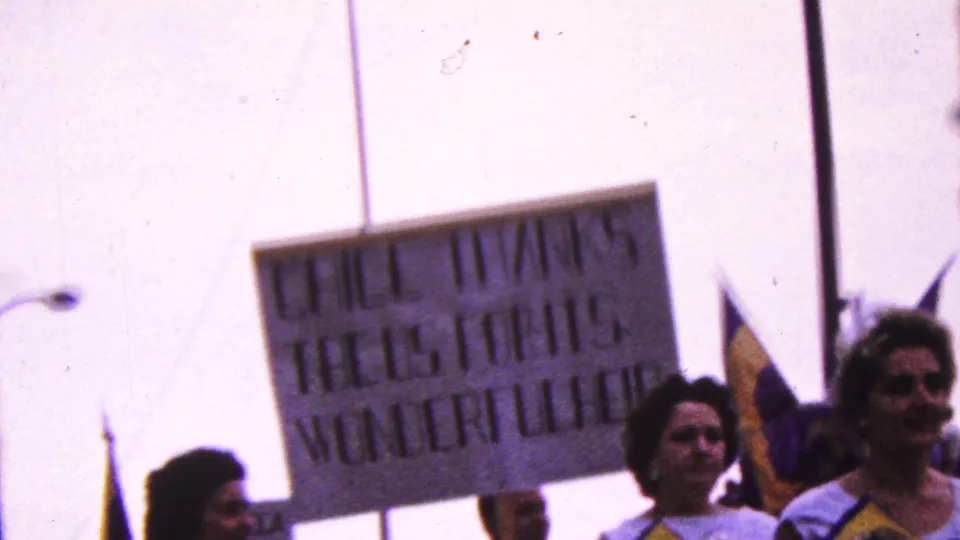 1961 California parade frame with women and other marchers carrying handmade signs and flags, including a partially legible sign and a yellow-and-blue flag at right.