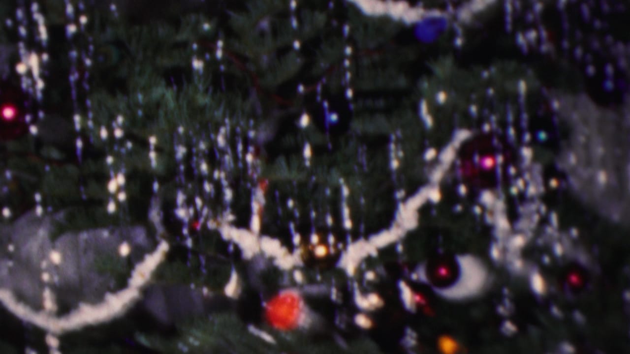 Close-up of white garland and shiny ornaments hanging among dark Christmas tree branches.