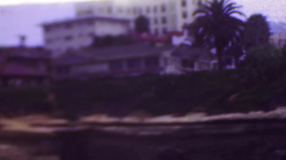 Visitor-shot 8mm frame showing a palm tree, low beach houses, a larger building in the background, and dark water below the sandy bank.