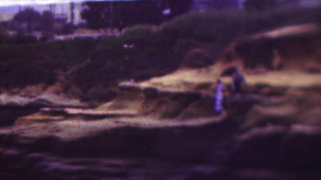 Two adults stand or walk near pale rock at the edge of a rugged shoreline.