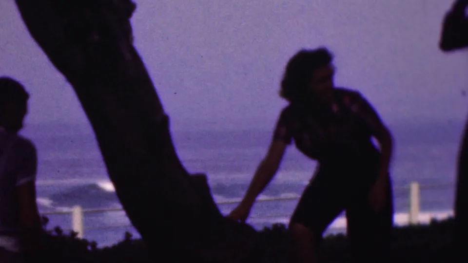 Silhouetted adults near a dark tree trunk and pale railing, with distant water visible behind them in a 1953 home-movie frame attributed by metadata to Cleveland, Ohio.