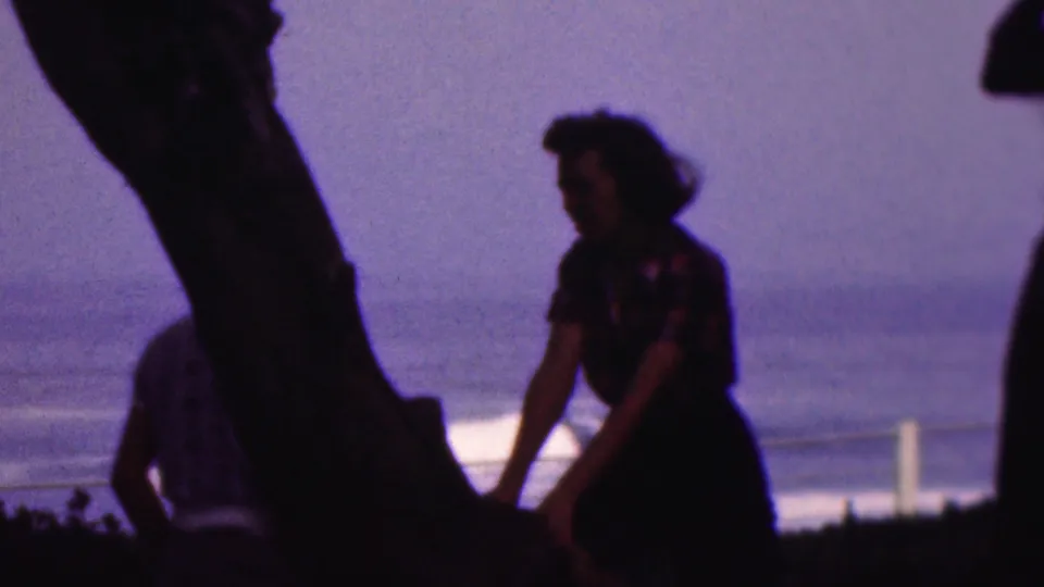 A woman in a patterned dress appears in silhouette beside a tree, with a light-shirted figure partly visible and water beyond, in a handheld 1953 8mm home-movie frame.