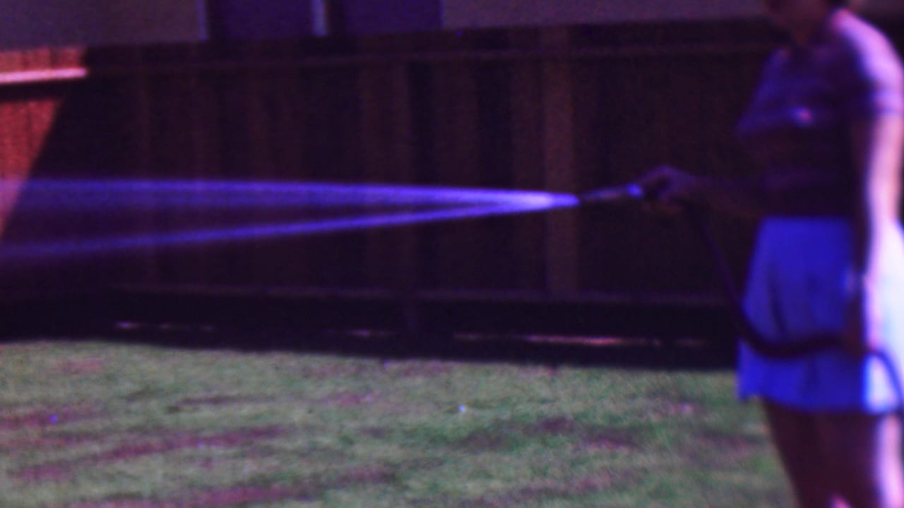Woman at the right edge waters a backyard lawn with a hose.
