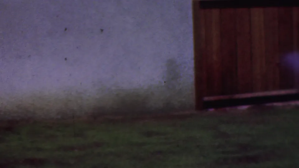 A soft 8mm frame shows water mist spreading over the grassy yard beside a plain wall and wooden gate or fence section.