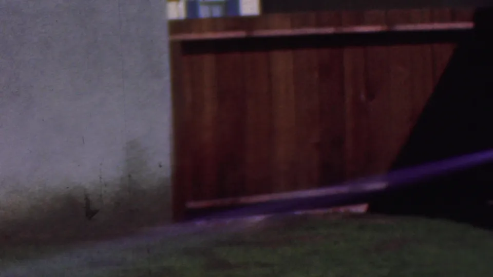 A strong hose stream cuts across the frame toward a wooden backyard fence near a pale exterior wall, with grass below and a shaded area at the right edge.