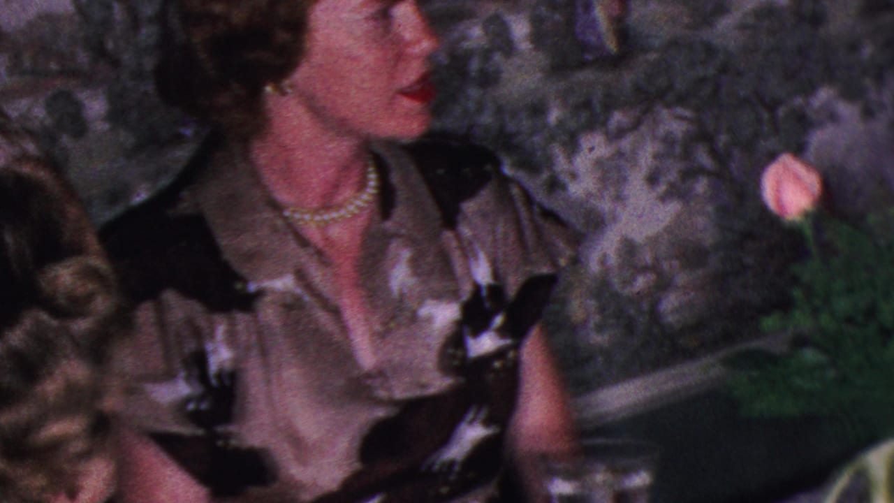 Woman turns beside a dinner table with flowers, glassware, and a child or shorter person partly visible below.