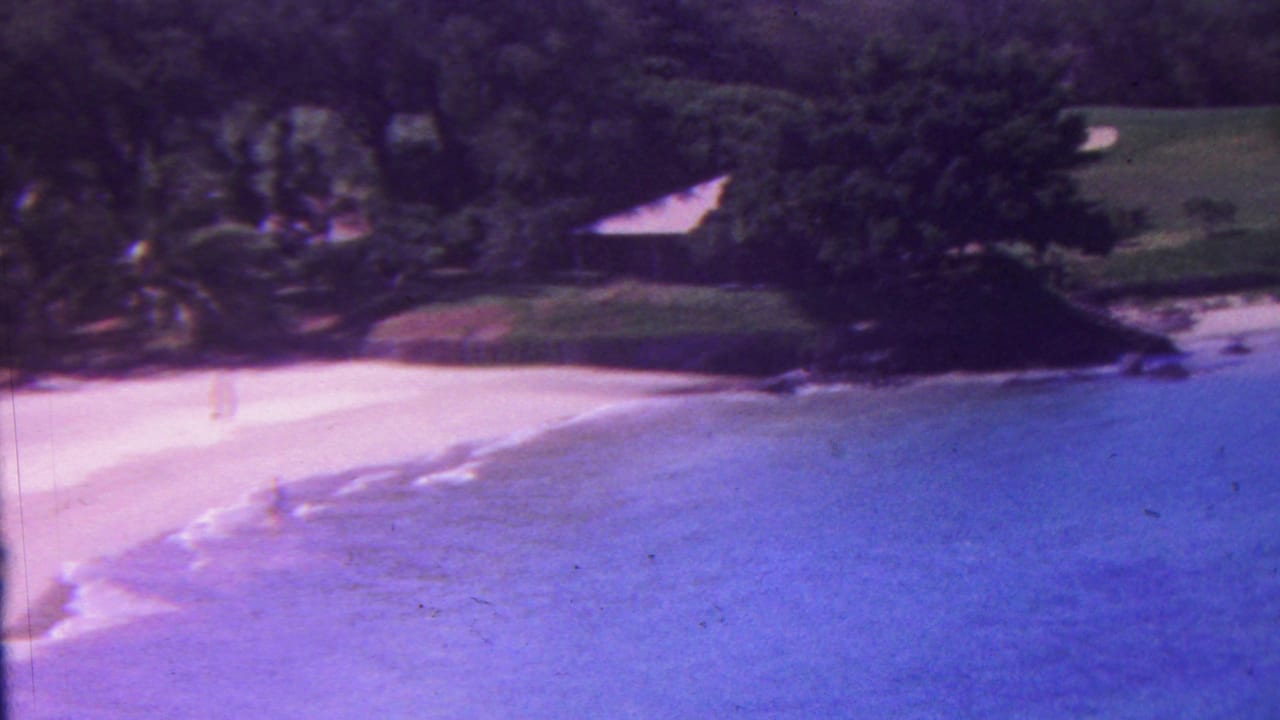 1962 Hawaii 8mm frame of a curving tropical shoreline with blue water, bright sand, dense vegetation, dark rocks, and a small structure partly hidden by trees.