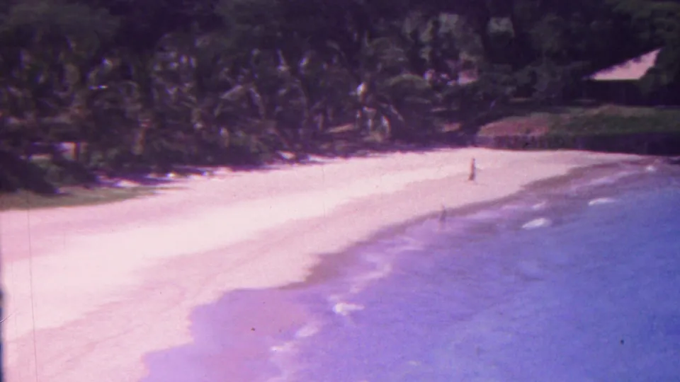1962 Hawaii 8mm frame showing a wide pale beach, shallow turquoise-purple water, palm-lined vegetation, and tiny distant people along the shore.